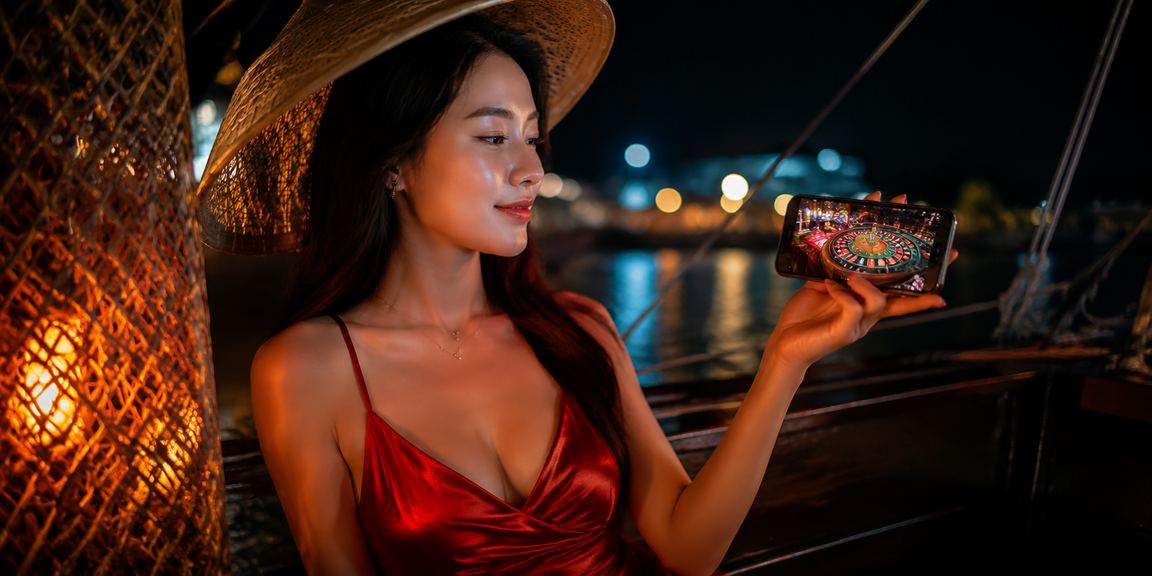 Người dùng đội nón lá tại Mũi Né truy cập casino trên điện thoại di động