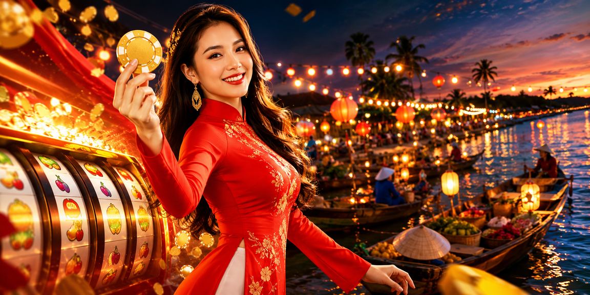 Người phụ nữ mặc áo dài chơi slot game trên thiết bị di động tại Phú Quốc với phong cảnh biển phía sau